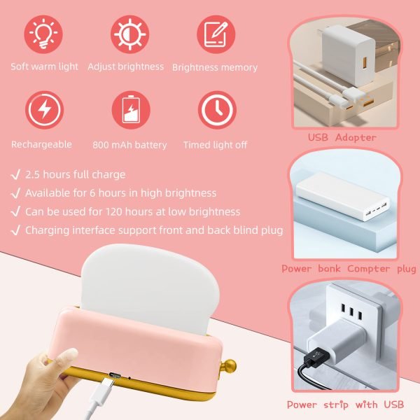 MeXYZ Cute Desk Decor Toaster Lamp, Rechargeable Kawaii Accessories Small Lamp LED Night Light for Kids Teen Girls - Image 6